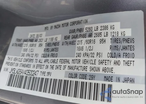 2004 Mazda Mpv Lx z USA, uszkodzony, nr VIN JM3LW28AX40500247